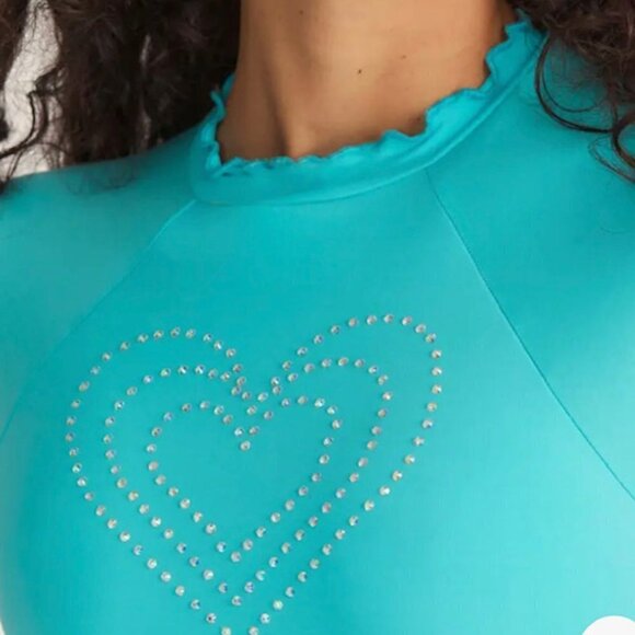 LoveShackFancy x Hurley Rhinestone heart Rashguard Top Turquoise Waves XL NWT - Picture 3 of 16